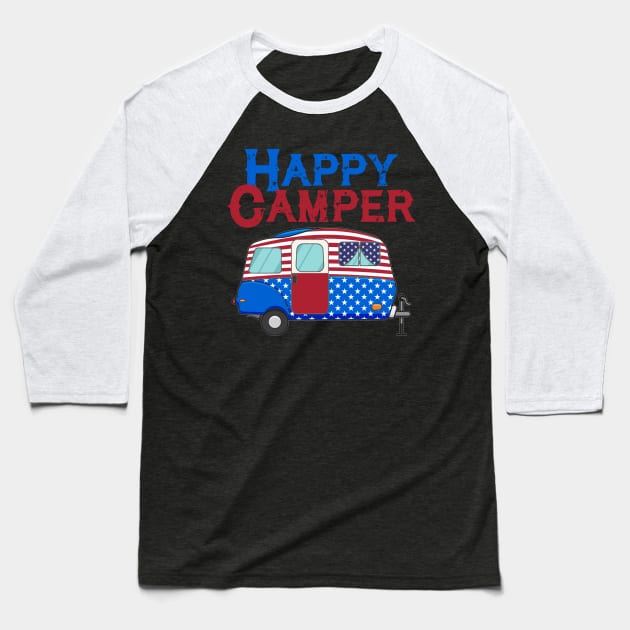 USA Happy Camper US Flag Patriotic 4th Of July America Crew T-Shirt Baseball T-Shirt by Kaileymahoney